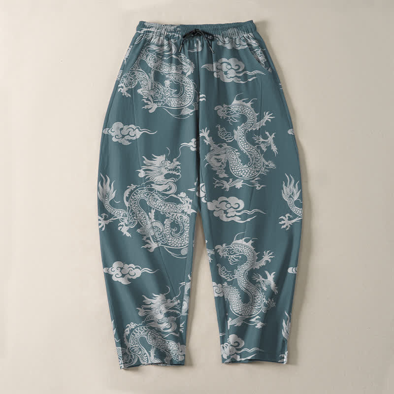 Buddha Stones Pantalones de hombre de algodón puro con estampado de nube de dragón oscuro, cordón ajustable y corte cónico, con bolsillos. - image 9