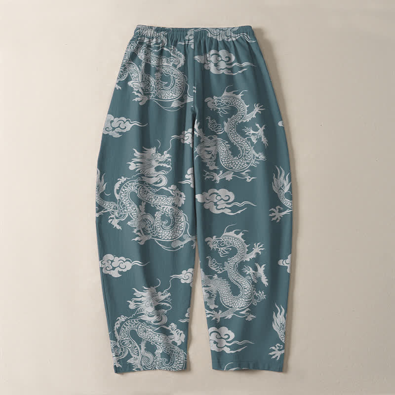 Buddha Stones Pantalones de hombre de algodón puro con estampado de nube de dragón oscuro, cordón ajustable y corte cónico, con bolsillos. - image 10