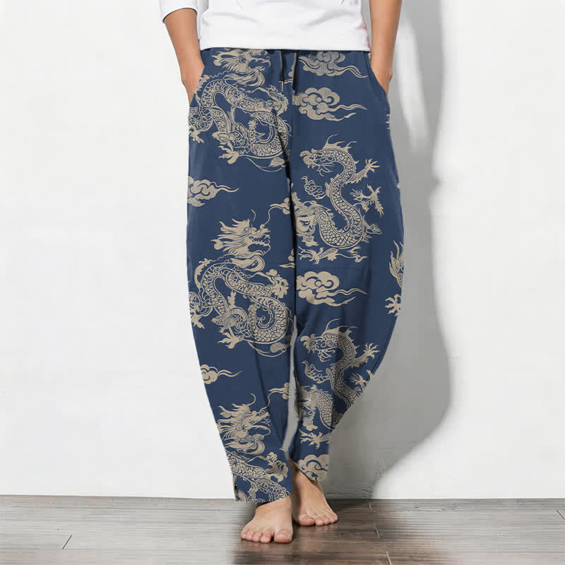 Buddha Stones Pantalones de hombre de algodón puro con estampado de nube de dragón oscuro, cordón ajustable y corte cónico, con bolsillos. - Marina de guerra - US/UK/AU50, EU60 (5XL) - image 11