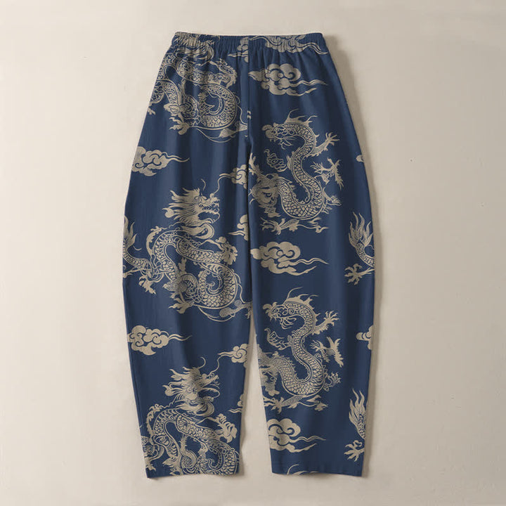 Buddha Stones Pantalones de hombre de algodón puro con estampado de nube de dragón oscuro, cordón ajustable y corte cónico, con bolsillos. - image 14