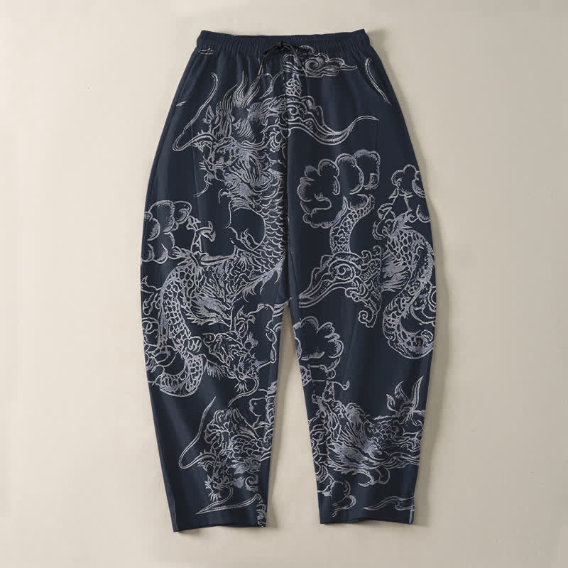 Buddha Stones Pantalones de hombre de algodón puro con estampado de nubes y dragón, cordón ajustable y corte cónico, con bolsillos. - image 2