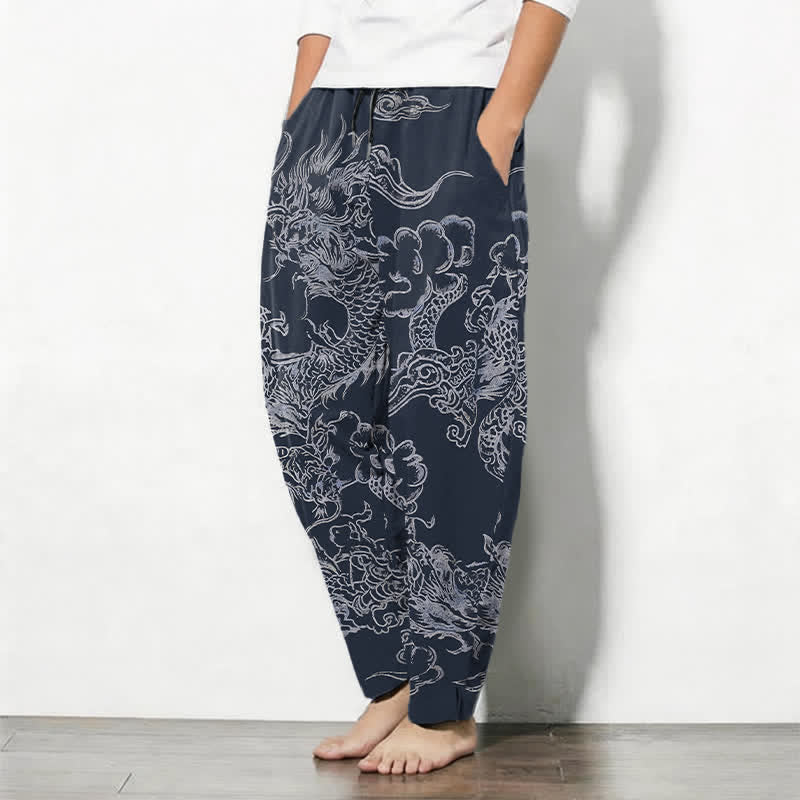 Buddha Stones Pantalones de hombre de algodón puro con estampado de nubes y dragón, cordón ajustable y corte cónico, con bolsillos. - image 1