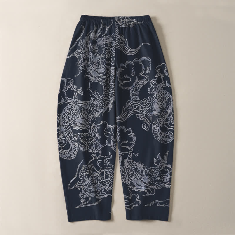 Buddha Stones Pantalones de hombre de algodón puro con estampado de nubes y dragón, cordón ajustable y corte cónico, con bolsillos. - image 3