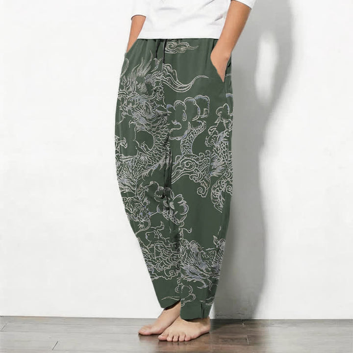 Buddha Stones Pantalones de hombre de algodón puro con estampado de nubes y dragón, cordón ajustable y corte cónico, con bolsillos. - image 8