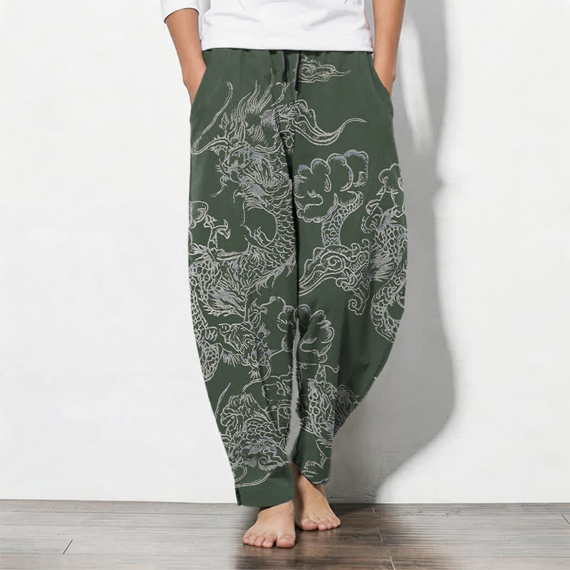 Buddha Stones Pantalones de hombre de algodón puro con estampado de nubes y dragón, cordón ajustable y corte cónico, con bolsillos. - Verde oliva oscuro - US/UK/AU50, EU60 (5XL) - image 7