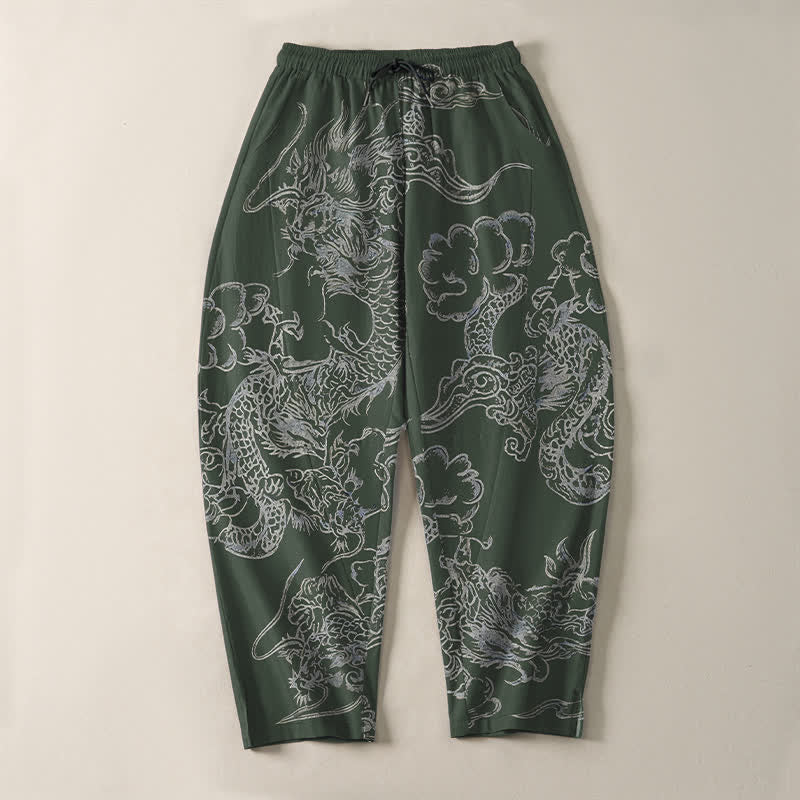 Buddha Stones Pantalones de hombre de algodón puro con estampado de nubes y dragón, cordón ajustable y corte cónico, con bolsillos. - image 9