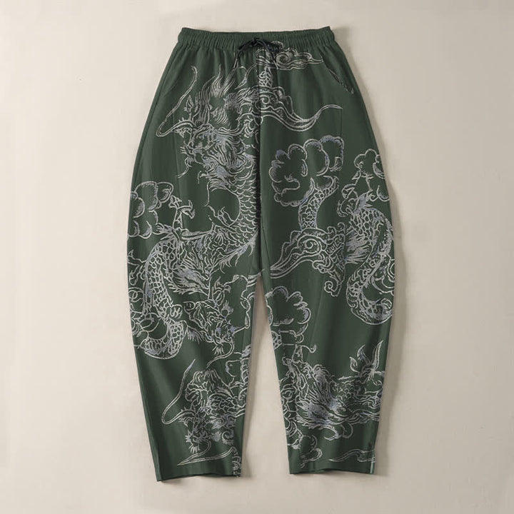 Buddha Stones Pantalones de hombre de algodón puro con estampado de nubes y dragón, cordón ajustable y corte cónico, con bolsillos. - image 9