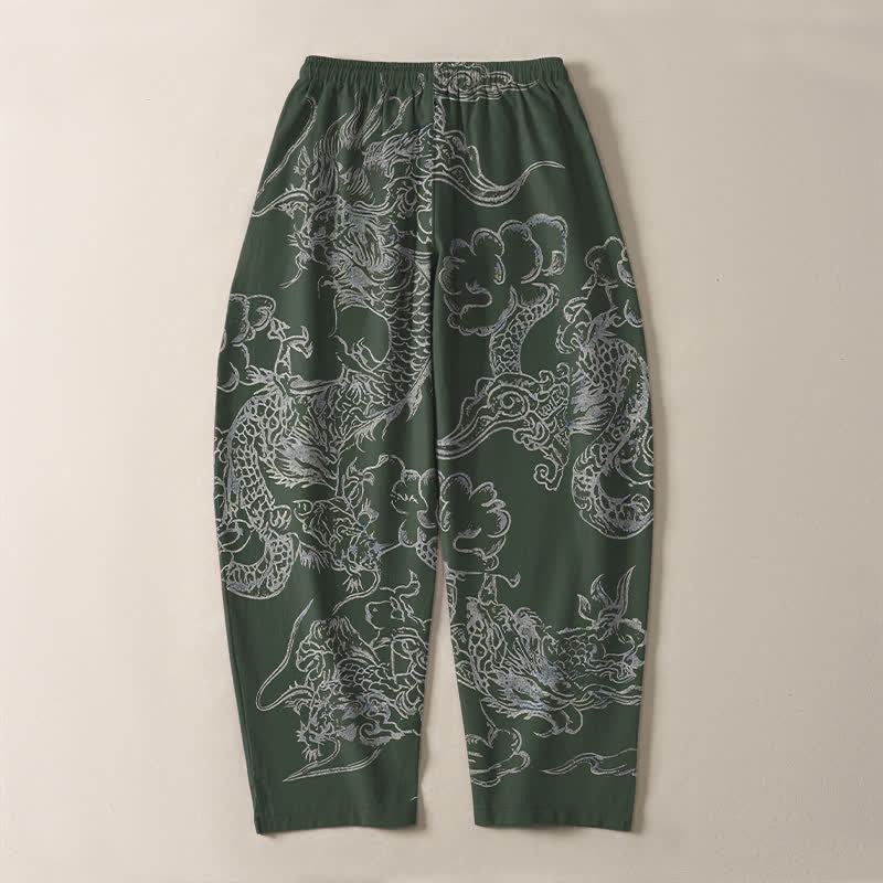 Buddha Stones Pantalones de hombre de algodón puro con estampado de nubes y dragón, cordón ajustable y corte cónico, con bolsillos. - image 10
