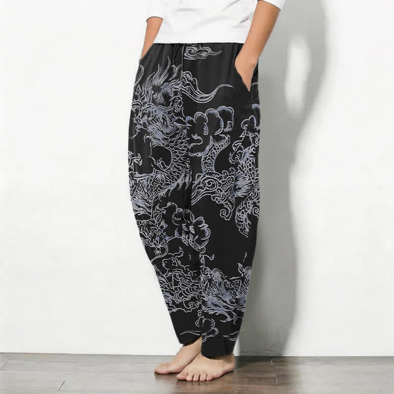 Buddha Stones Pantalones de hombre de algodón puro con estampado de nubes y dragón, cordón ajustable y corte cónico, con bolsillos. - image 12