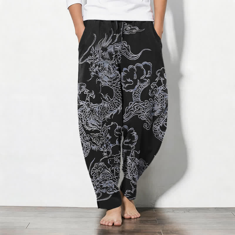 Buddha Stones Pantalones de hombre de algodón puro con estampado de nubes y dragón, cordón ajustable y corte cónico, con bolsillos. - Negro - US/UK/AU50, EU60 (5XL) - image 11