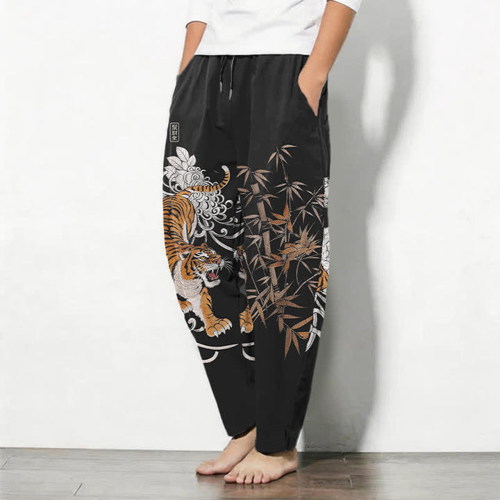 Buddha Stones Pantalones de hombre de algodón puro con estampado de tigre rugiente y bambú, con cordón ajustable y bolsillos. - image 12