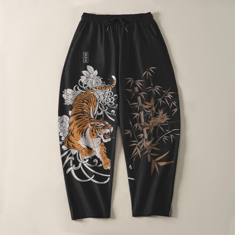 Buddha Stones Pantalones de hombre de algodón puro con estampado de tigre rugiente y bambú, con cordón ajustable y bolsillos. - image 13