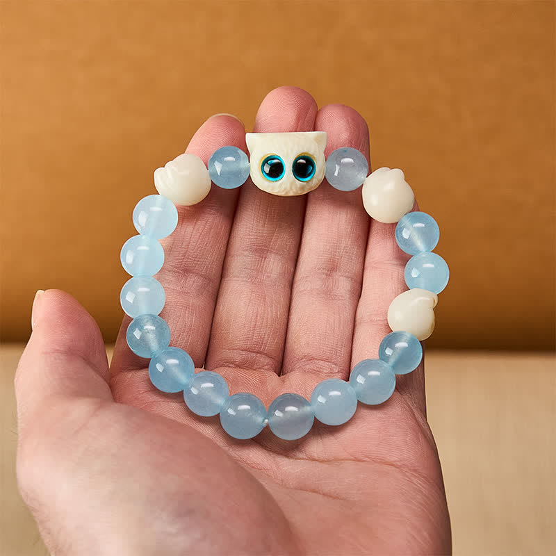 Buddha Stones Pulsera de cuentas de pureza de gato tallada a mano en calcedonia azul - image 5