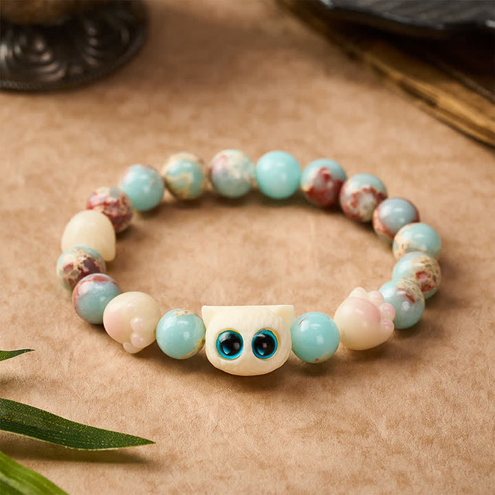 Buddha Stones Pulsera de cuentas con relieve de pureza de gato tallada a mano en piedra Shoushan - Gato de ojos azules (circunferencia de la muñeca: 16–17 cm) - Shoushan Stone (Armonía Positiva ♥) - image 0