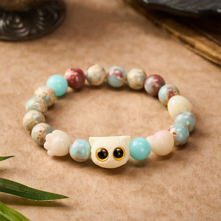Buddha Stones Pulsera de cuentas con relieve de pureza de gato tallada a mano en piedra Shoushan - Gato de ojos amarillos (circunferencia de la muñeca: 16–17 cm) - Shoushan Stone (Armonía Positiva ♥) - image 11