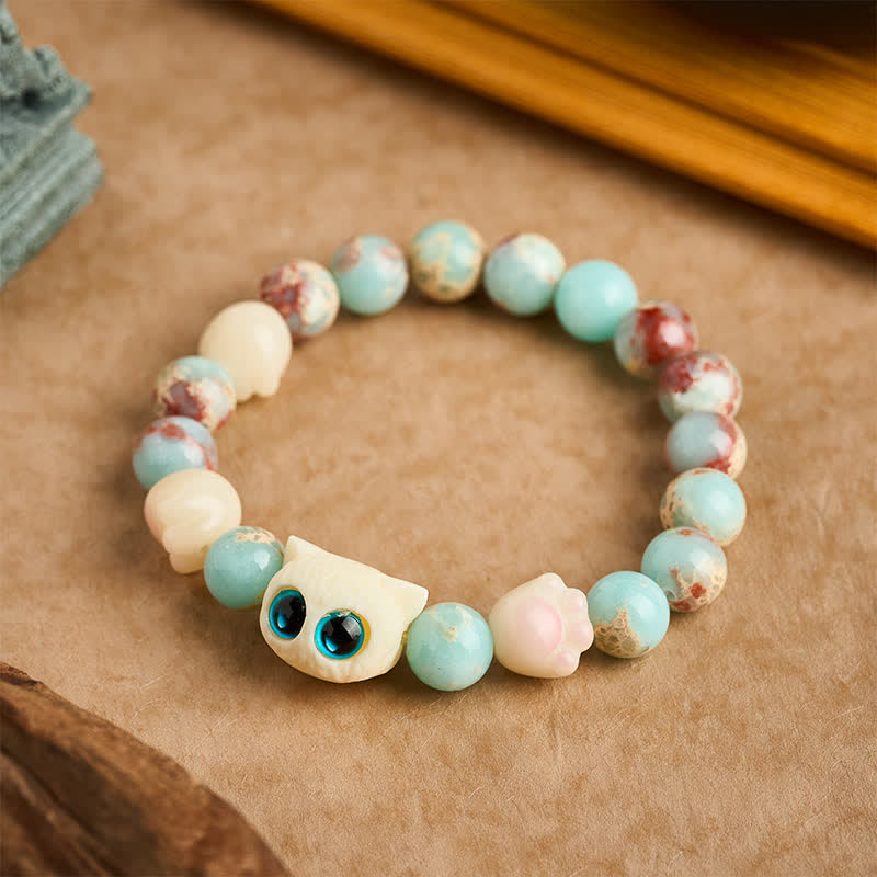 Buddha Stones Pulsera de cuentas con relieve de pureza de gato tallada a mano en piedra Shoushan - image 1