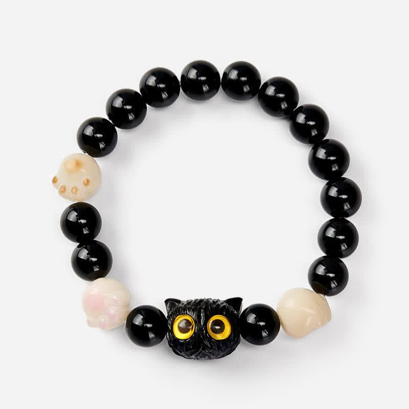 Buddha Stones Pulsera de cuentas de conexión a tierra con cabeza de gato de obsidiana negra tallada a mano y ojos amarillos - image 4