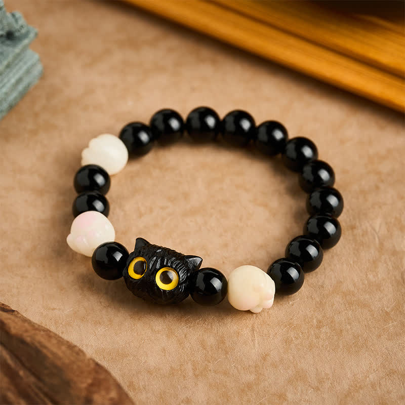 Buddha Stones Pulsera de cuentas de conexión a tierra con cabeza de gato de obsidiana negra tallada a mano y ojos amarillos - Obsidiana negra (Purificación ♥ Fuerza) (Circunferencia de la muñeca: 16–17 cm) - image 0
