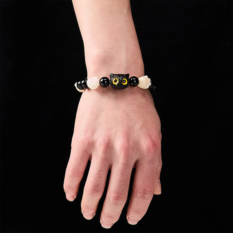 Buddha Stones Pulsera de cuentas de conexión a tierra con cabeza de gato de obsidiana negra tallada a mano y ojos amarillos - image 6