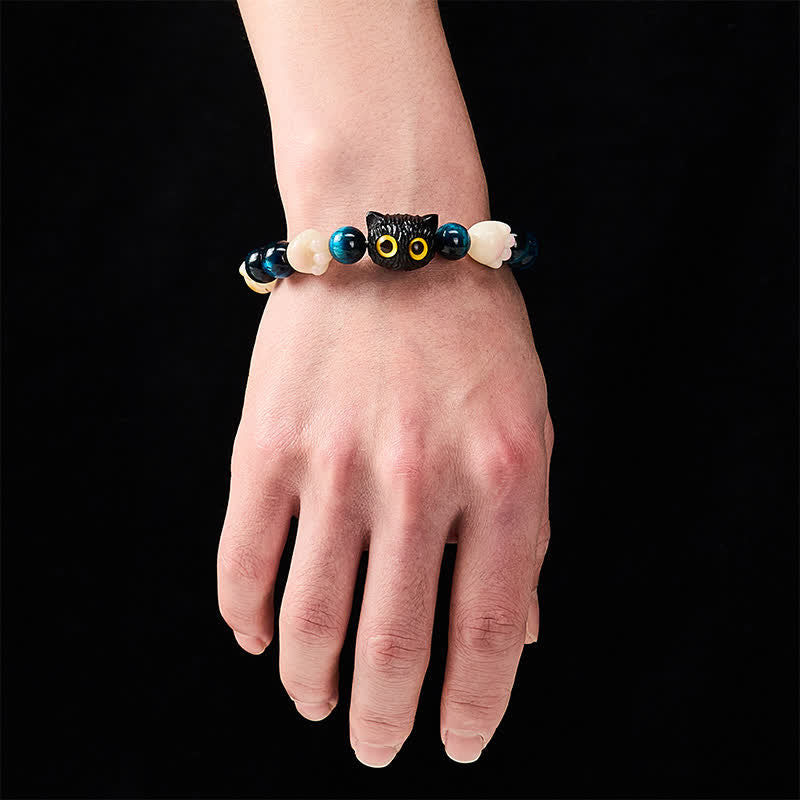 Buddha Stones Pulsera de cuentas de conexión a tierra con diseño de gato tallado a mano en ojo de tigre azul - image 6