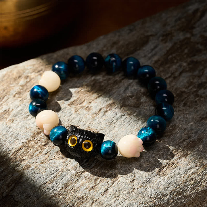 Buddha Stones Pulsera de cuentas de conexión a tierra con diseño de gato tallado a mano en ojo de tigre azul - image 2