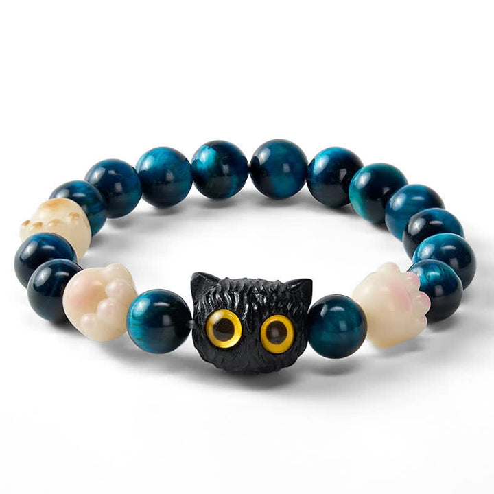 Buddha Stones Pulsera de cuentas de conexión a tierra con diseño de gato tallado a mano en ojo de tigre azul - image 3