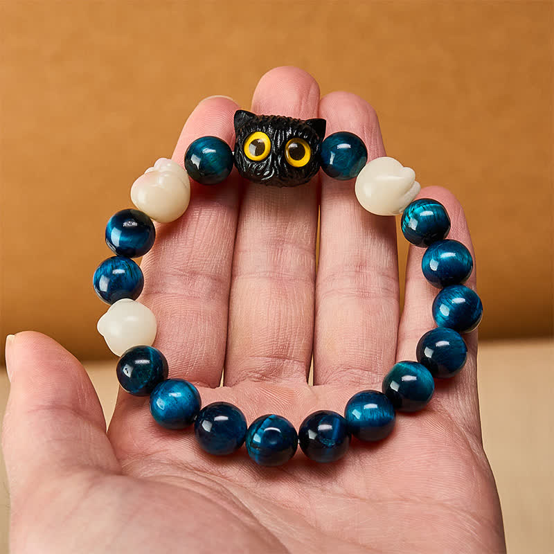 Buddha Stones Pulsera de cuentas de conexión a tierra con diseño de gato tallado a mano en ojo de tigre azul - image 5