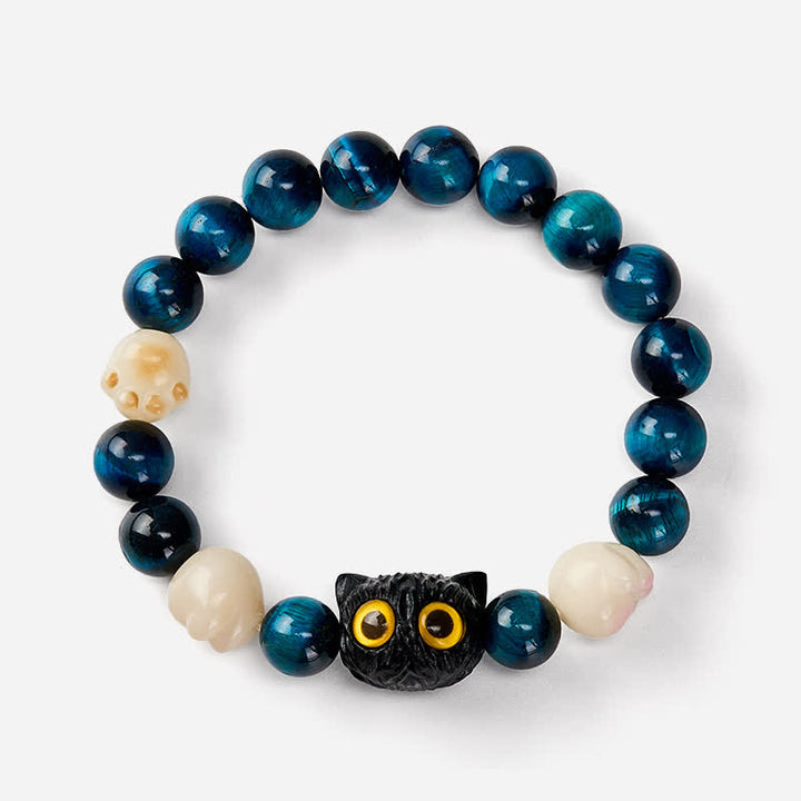 Buddha Stones Pulsera de cuentas de conexión a tierra con diseño de gato tallado a mano en ojo de tigre azul - image 4