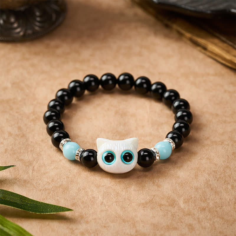 Buddha Stones Pulsera de cuentas de protección con forma de gato de ojos grandes y bonito de obsidiana negra - image 1