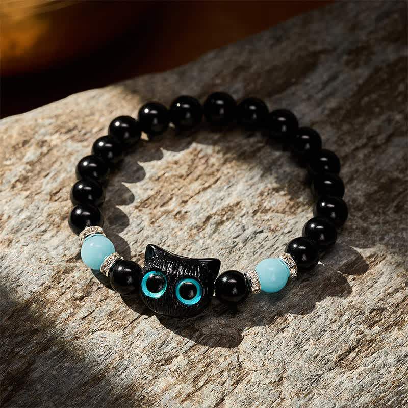 Buddha Stones Pulsera de cuentas de protección con forma de gato de ojos grandes y bonito de obsidiana negra - image 15