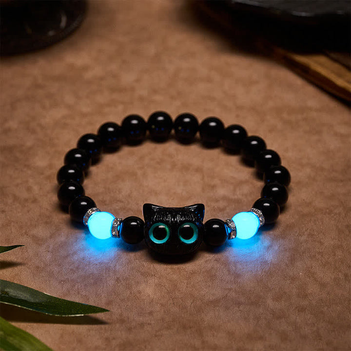 Buddha Stones Pulsera de cuentas de protección con forma de gato de ojos grandes y bonito de obsidiana negra - Gato negro (circunferencia de la muñeca: 15–16 cm) - image 12