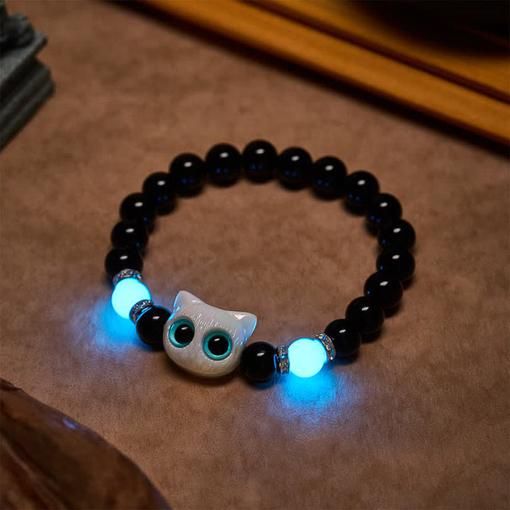 Buddha Stones Pulsera de cuentas de protección con forma de gato de ojos grandes y bonito de obsidiana negra - image 4