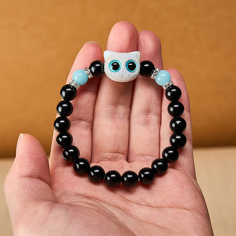 Buddha Stones Pulsera de cuentas de protección con forma de gato de ojos grandes y bonito de obsidiana negra - image 10