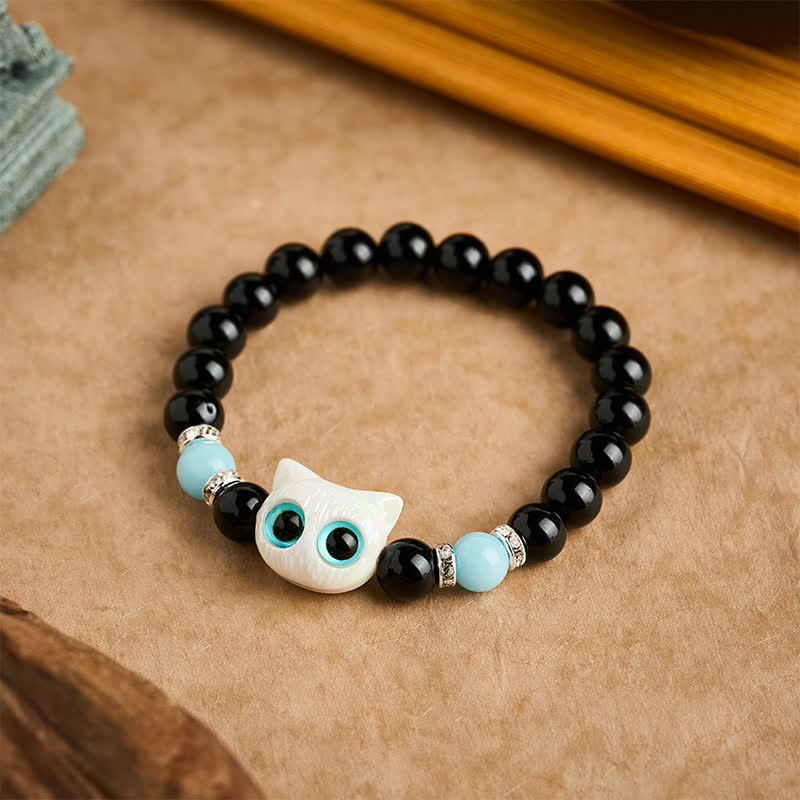 Buddha Stones Pulsera de cuentas de protección con forma de gato de ojos grandes y bonito de obsidiana negra - image 7