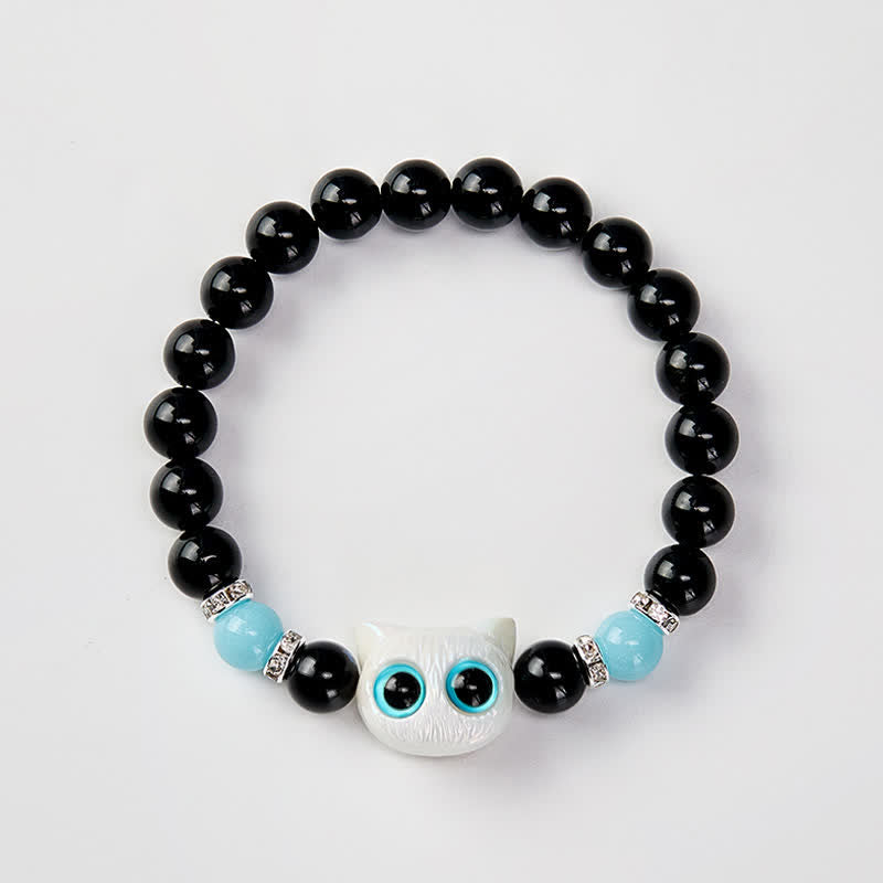 Buddha Stones Pulsera de cuentas de protección con forma de gato de ojos grandes y bonito de obsidiana negra - image 11