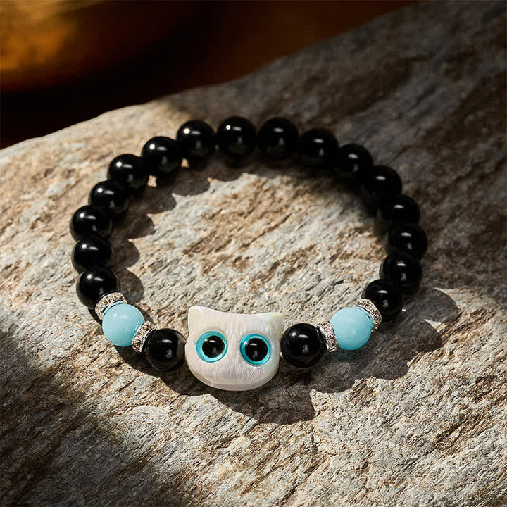 Buddha Stones Pulsera de cuentas de protección con forma de gato de ojos grandes y bonito de obsidiana negra - image 2