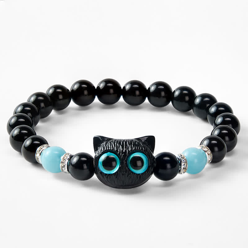 Buddha Stones Pulsera de cuentas de protección con forma de gato de ojos grandes y bonito de obsidiana negra - image 21