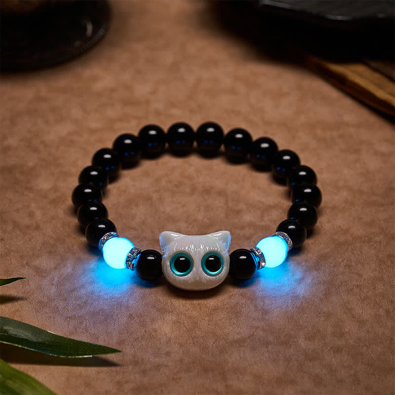 Buddha Stones Pulsera de cuentas de protección con forma de gato de ojos grandes y bonito de obsidiana negra - Gato blanco (circunferencia de la muñeca: 15–16 cm) - image 1