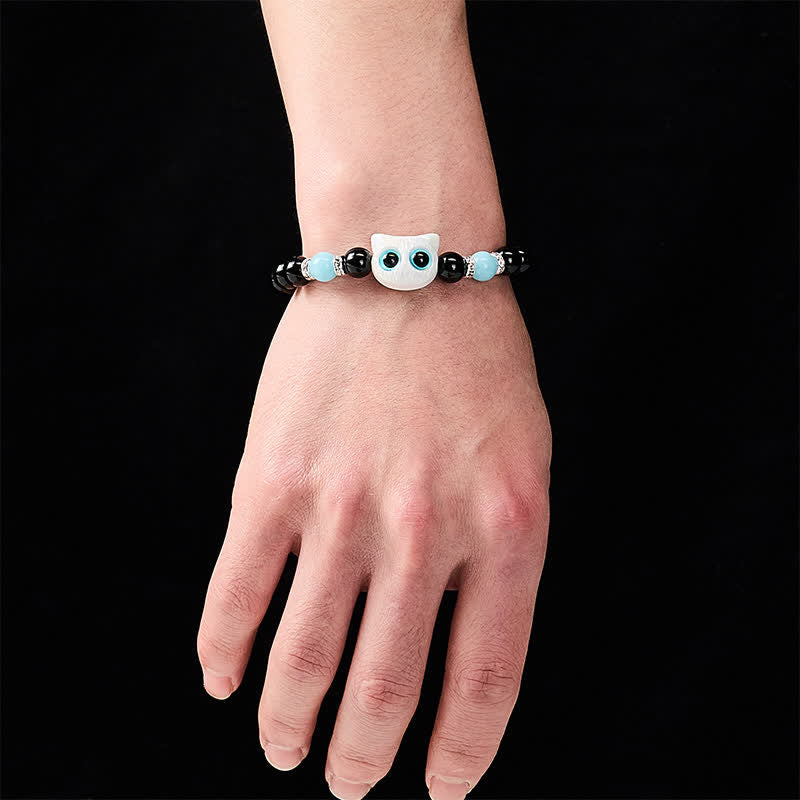 Buddha Stones Pulsera de cuentas de protección con forma de gato de ojos grandes y bonito de obsidiana negra - image 5