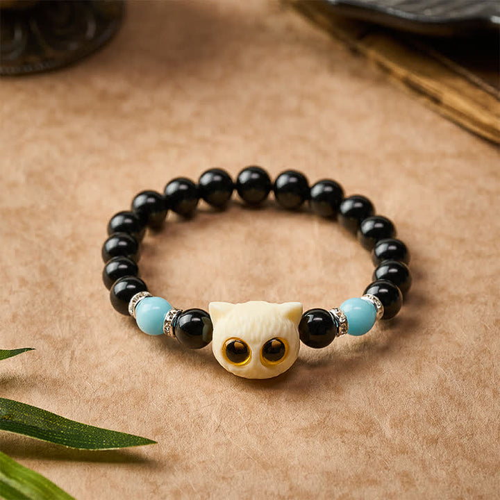 Buddha Stones Pulsera de cuentas con relieve de gato de ojos grandes tallada a mano en obsidiana negra - image 16