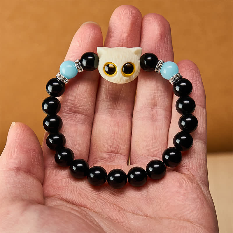 Buddha Stones Pulsera de cuentas con relieve de gato de ojos grandes tallada a mano en obsidiana negra - image 22