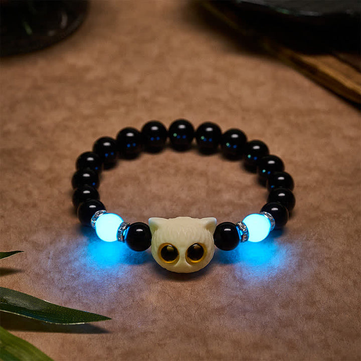Buddha Stones Pulsera de cuentas con relieve de gato de ojos grandes tallada a mano en obsidiana negra - Gato blanco (circunferencia de la muñeca: 15–16 cm) - Obsidiana negra (Purificación ♥ Fuerza) - image 15