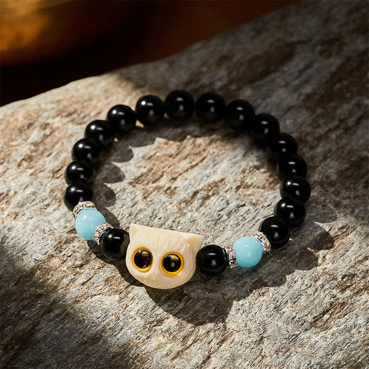 Buddha Stones Pulsera de cuentas con relieve de gato de ojos grandes tallada a mano en obsidiana negra - image 16
