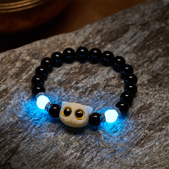 Buddha Stones Pulsera de cuentas con relieve de gato de ojos grandes tallada a mano en obsidiana negra - image 18