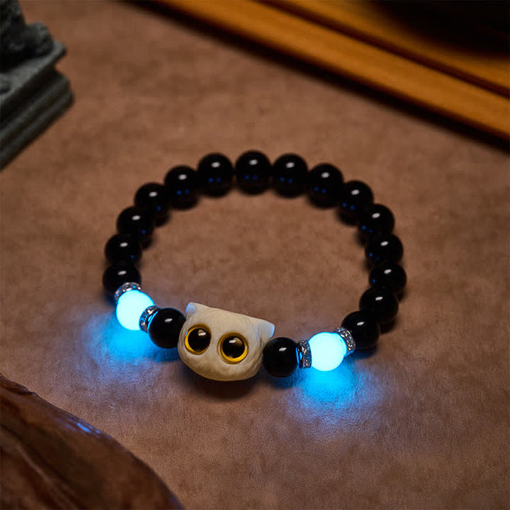 Buddha Stones Pulsera de cuentas con relieve de gato de ojos grandes tallada a mano en obsidiana negra - image 20