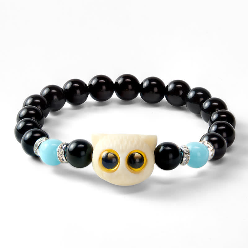 Buddha Stones Pulsera de cuentas con relieve de gato de ojos grandes tallada a mano en obsidiana negra - image 24
