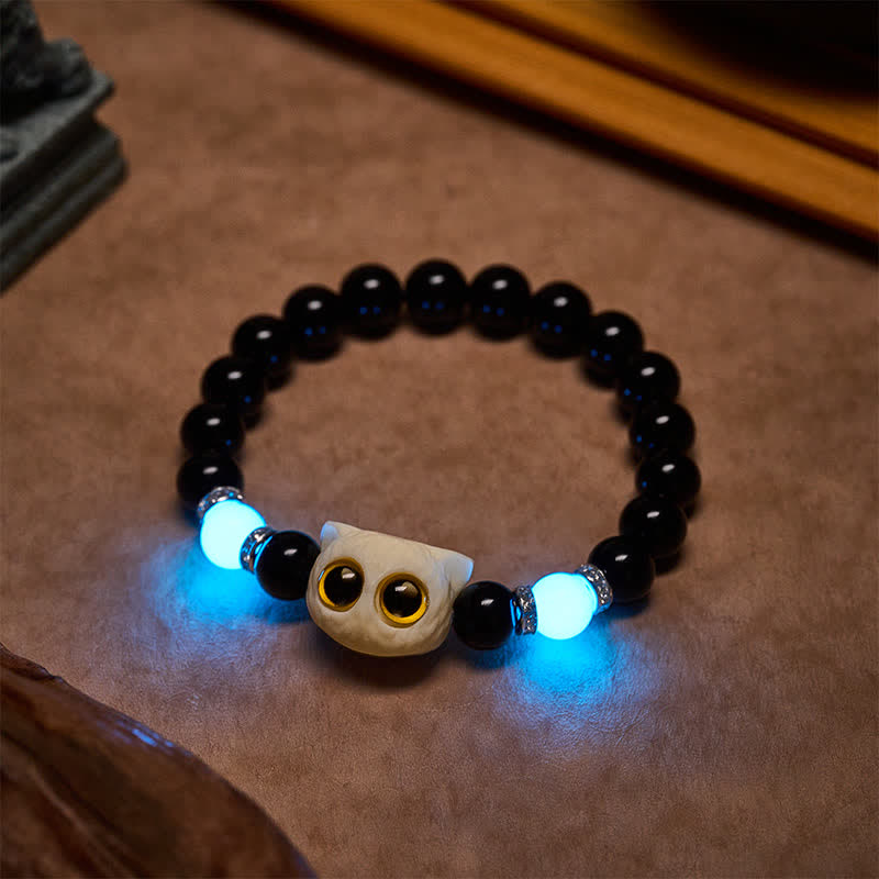 Buddha Stones Pulsera de cuentas con relieve de gato de ojos grandes tallada a mano en obsidiana negra - image 21
