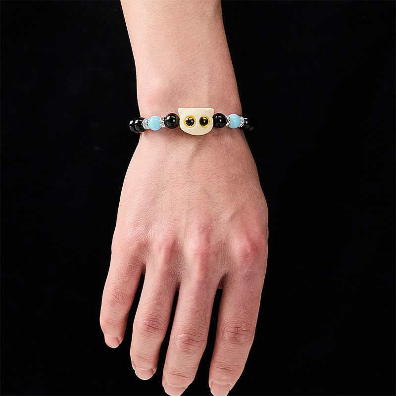Buddha Stones Pulsera de cuentas con relieve de gato de ojos grandes tallada a mano en obsidiana negra - image 18