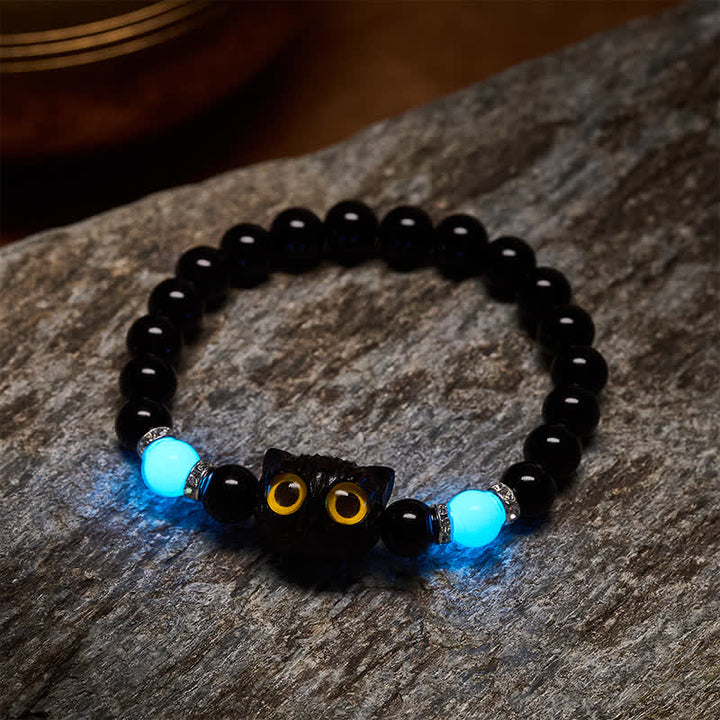 Buddha Stones Pulsera de cuentas con relieve de gato de ojos grandes tallada a mano en obsidiana negra - image 9