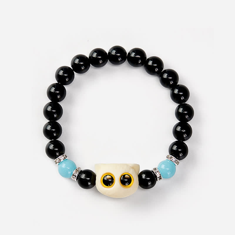 Buddha Stones Pulsera de cuentas con relieve de gato de ojos grandes tallada a mano en obsidiana negra - image 22